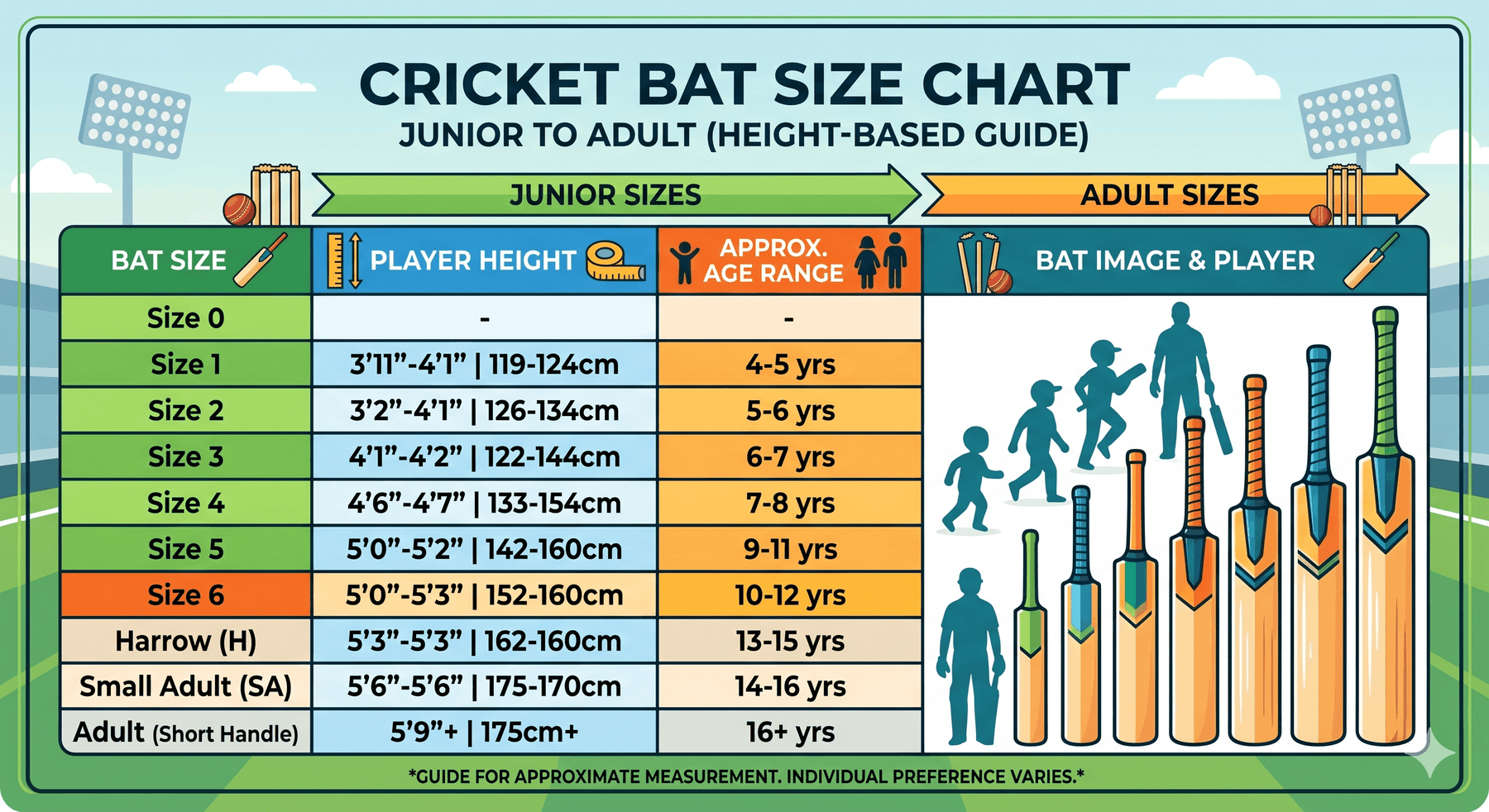 Cricket Bat Size Chart — Junior to Adult (Height-Based Guide)